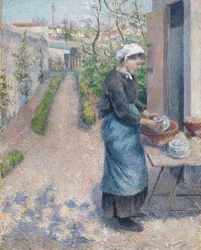 Dans le jardin à Pontoise : Une jeune femme faisant la vaisselle, 1882